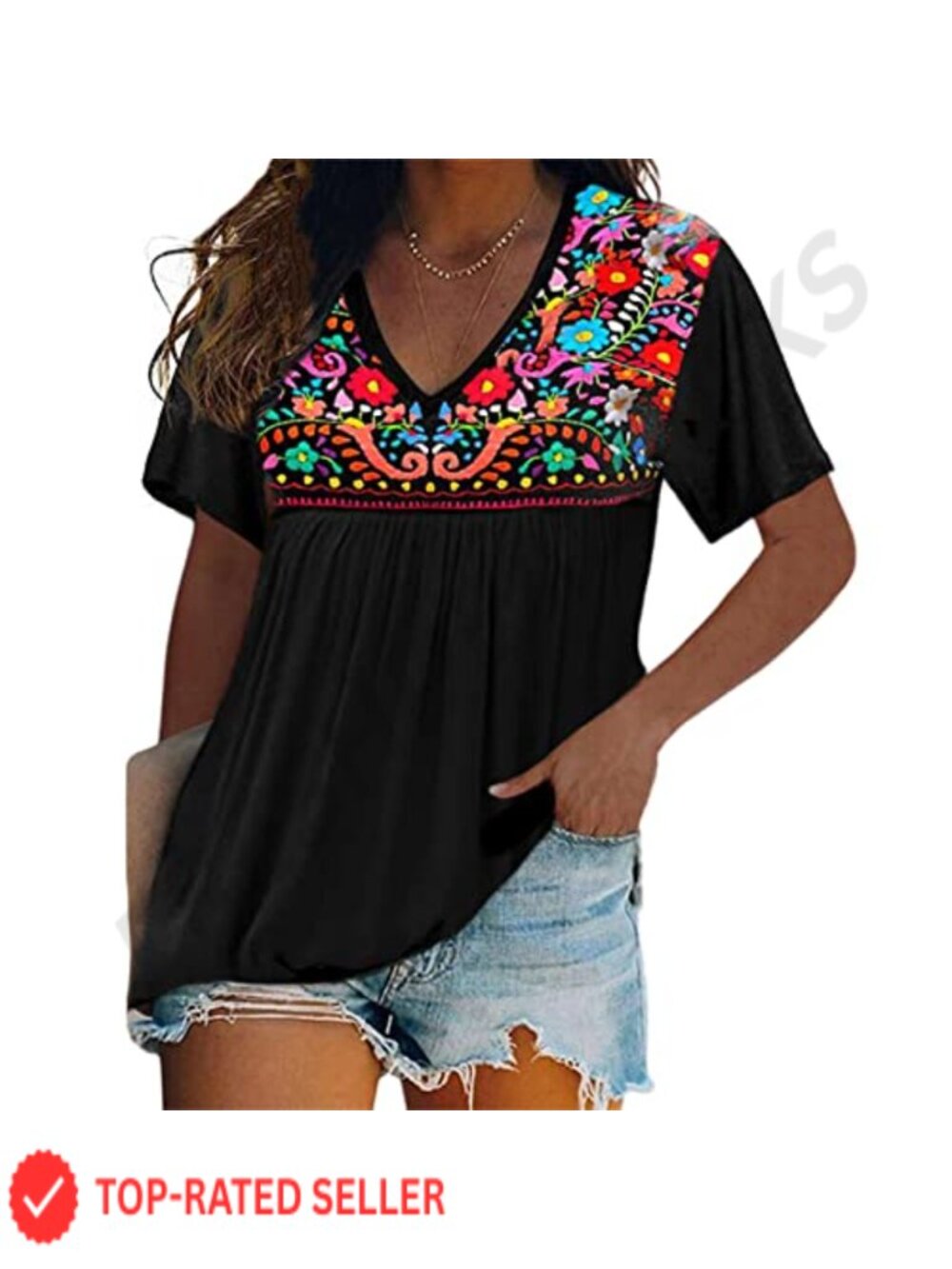 Melliflo Women's Short Sleeve Embroidered Mexican Peasant Tunic Top